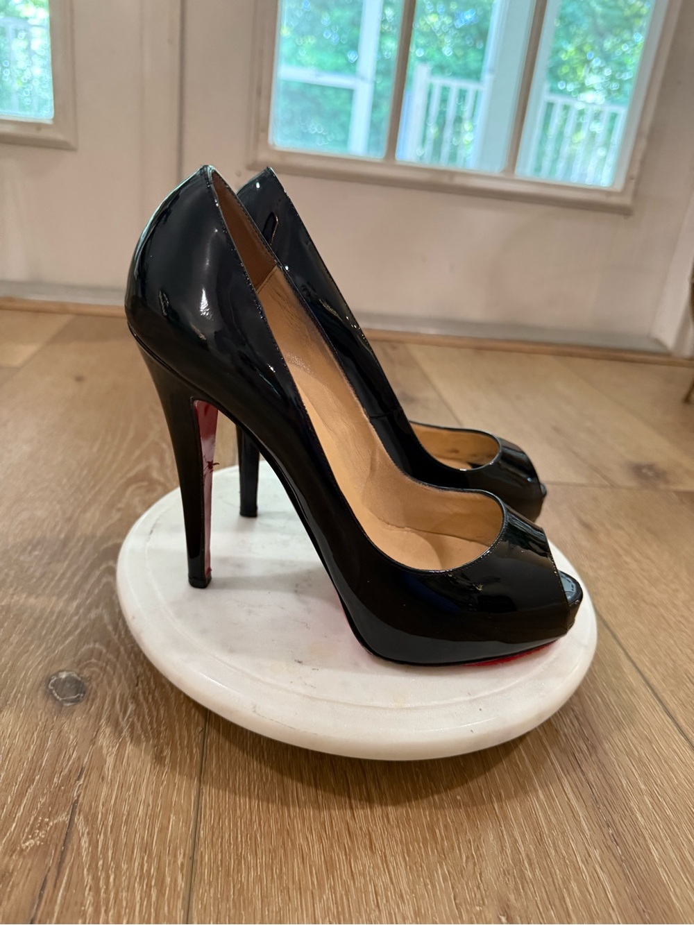 Christian Louboutin Black Patent Peep-Toe Prive 120 Patent Pumps